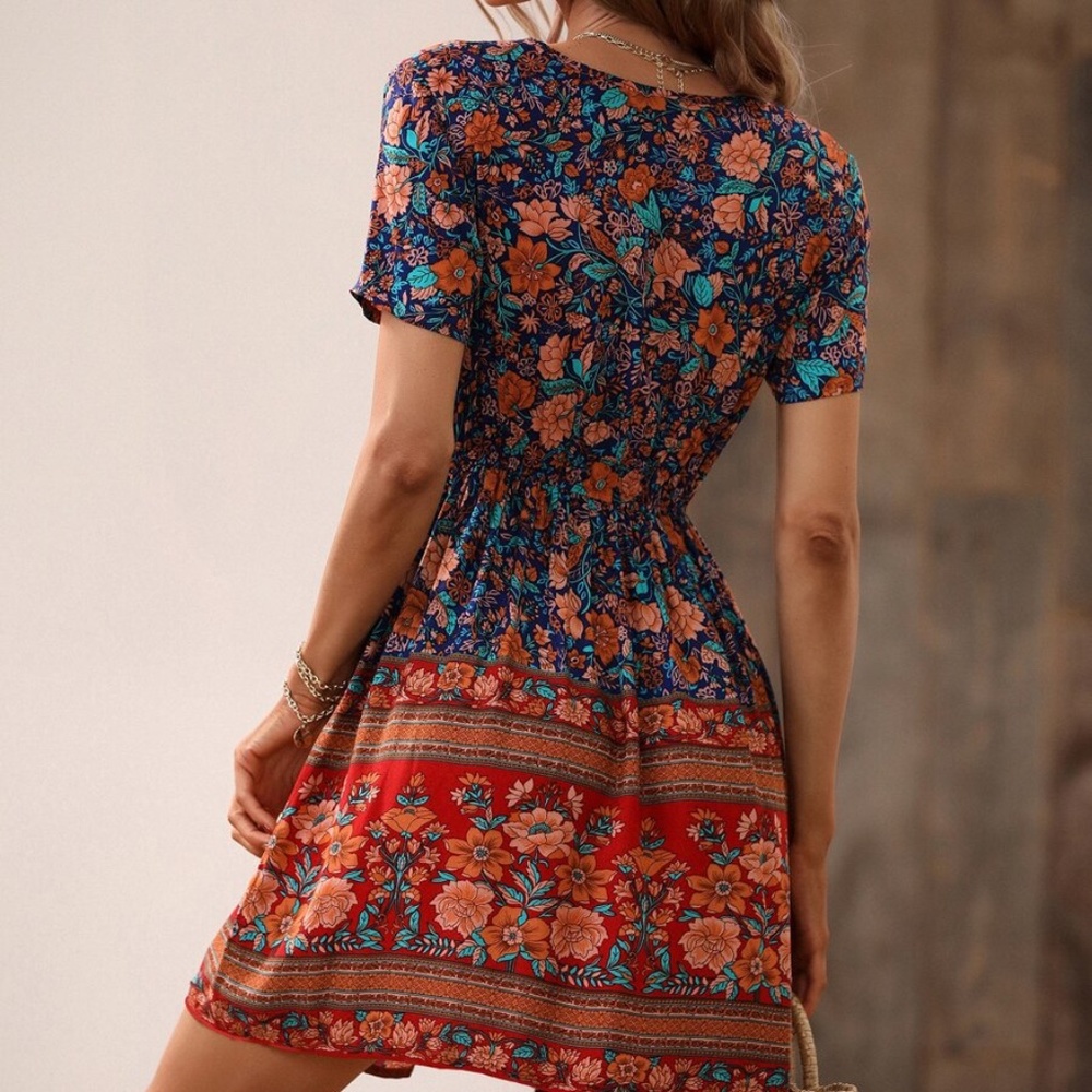 Boho Floral Print Short Sleeve Cottagecore Mini Dress - Picture 6 of 16